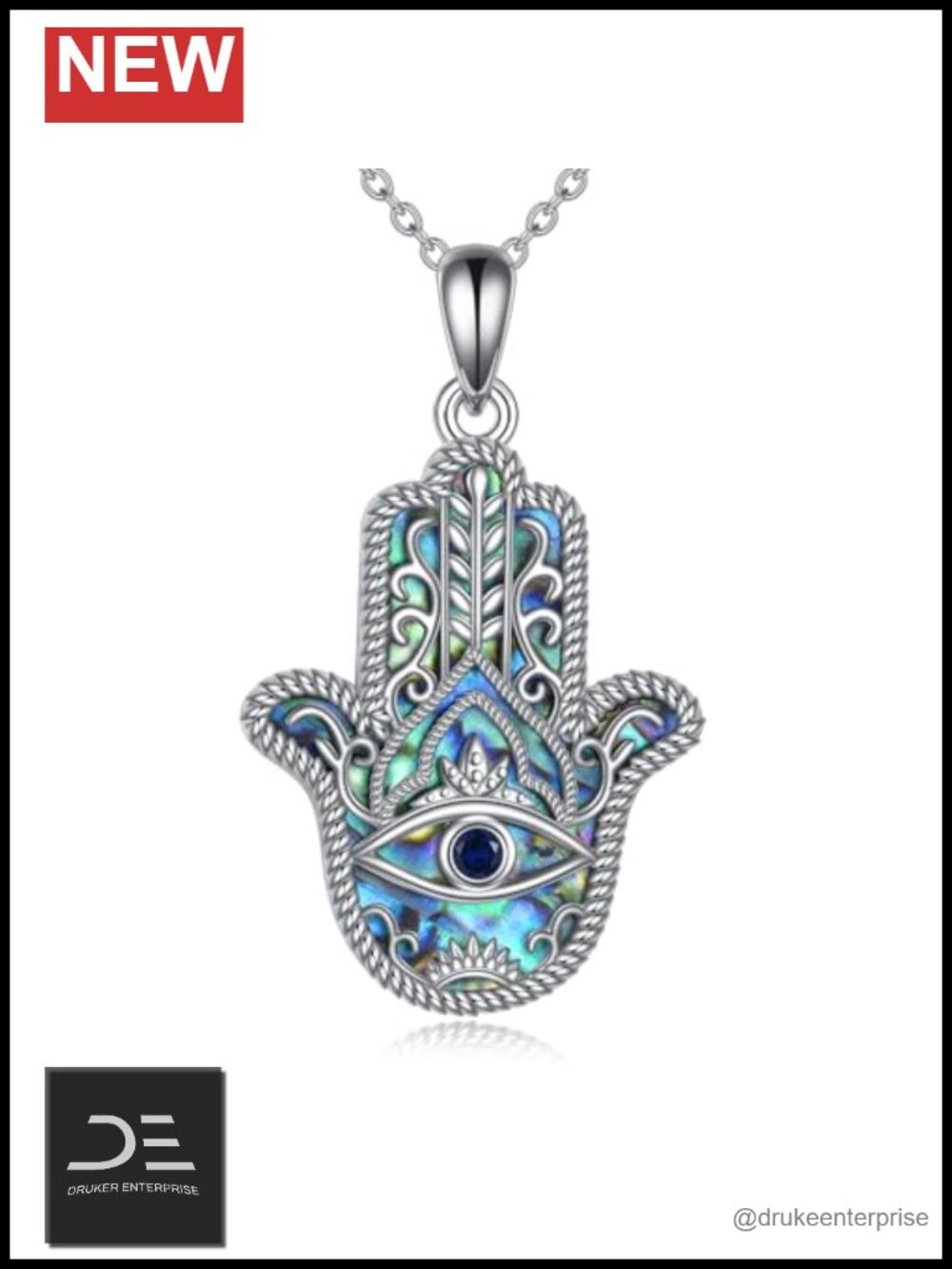 Hamsa Hand Pendant Necklace 925 Sterling Silver Evil Eye Abalone Shell Good